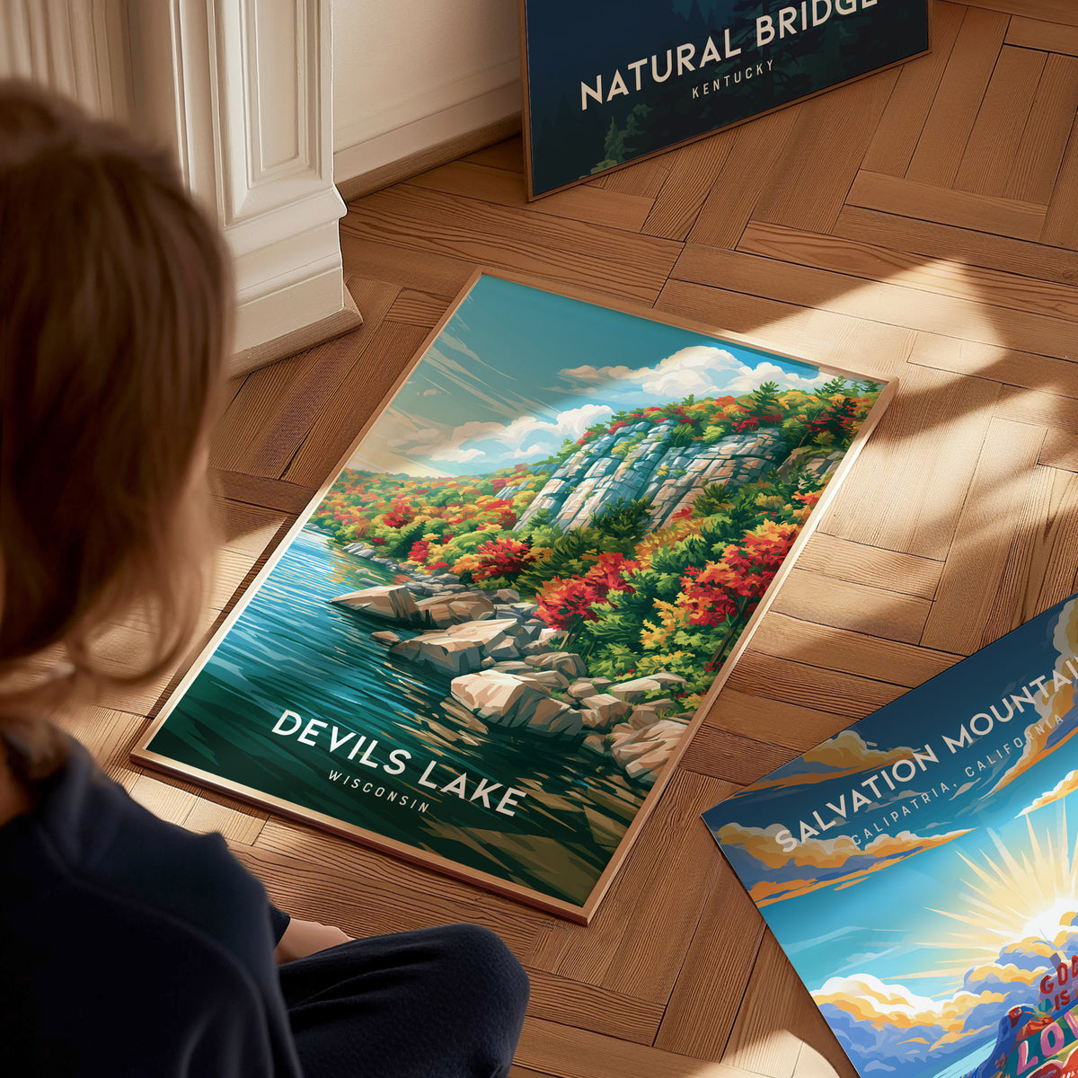 Devils Lake, Wisconsin Poster | Bluffs & Blue Water Travel Wall Art — styled in a modern interior