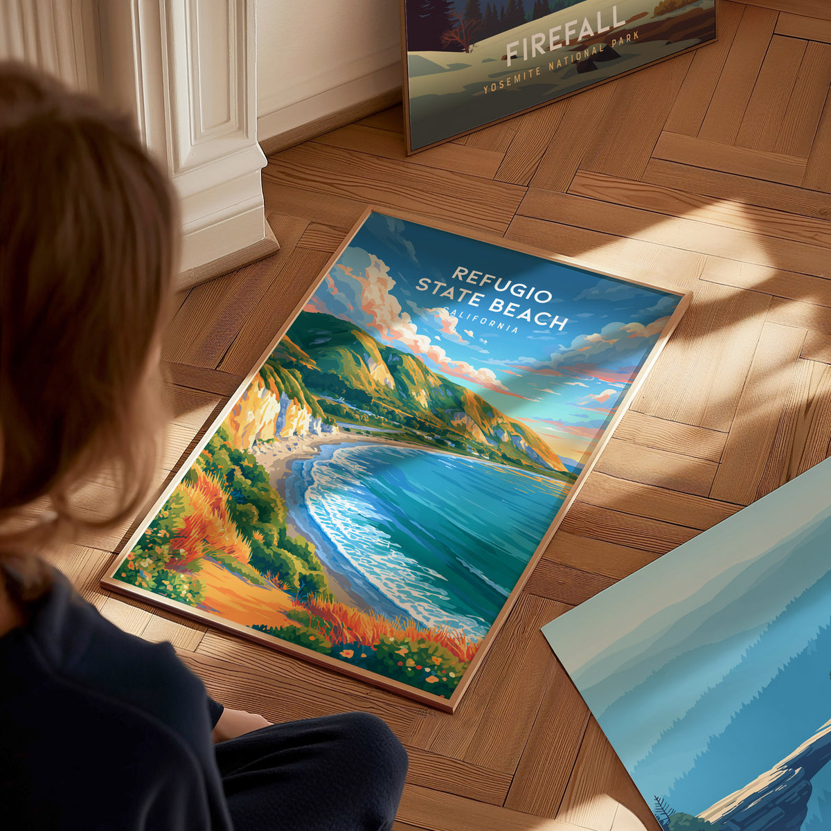 Refugio State Beach, California Poster | Golden Bluffs & Ocean Breeze Wall Art — styled in a modern interior