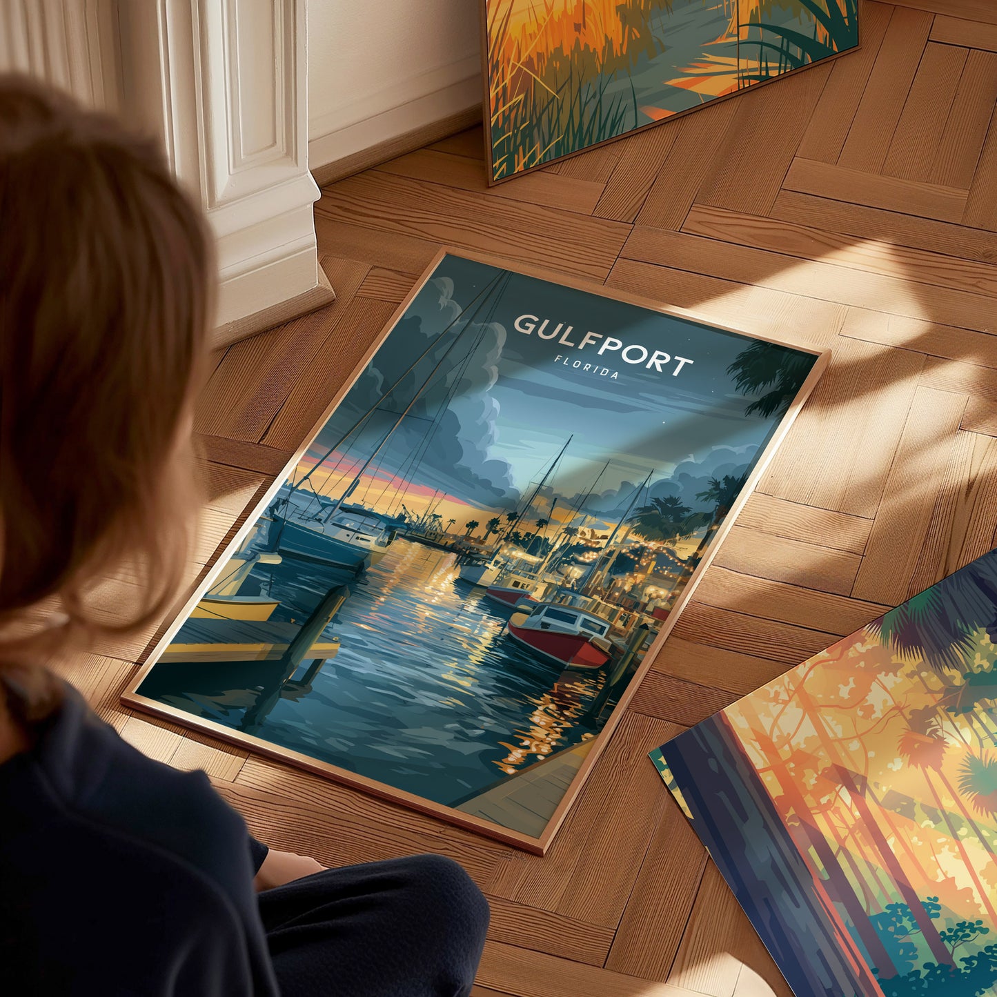 Gulfport, Florida Poster | Charming Waterfront Village Sunset Wall Art — styled in a modern interior