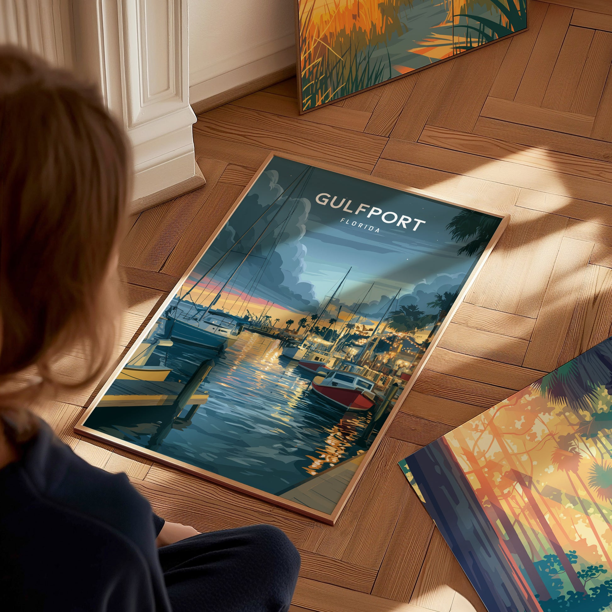 Gulfport, Florida Poster | Charming Waterfront Village Sunset Wall Art — styled in a modern interior