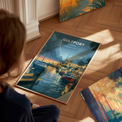 Gulfport, Florida Poster | Charming Waterfront Village Sunset Wall Art — styled in a modern interior