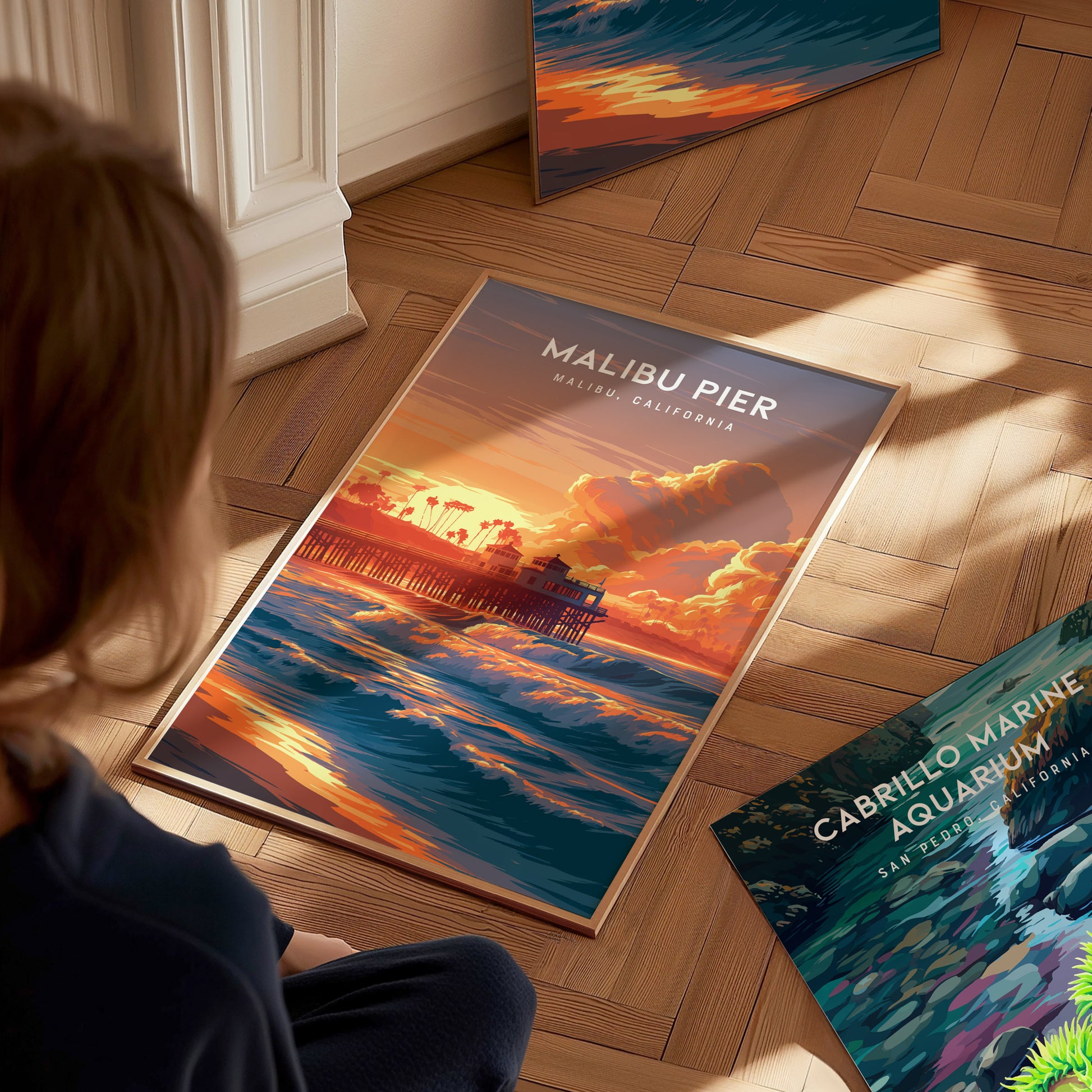 Malibu Pier, California Poster | Golden Coast Sunset Vibes Wall Art — styled in a modern interior
