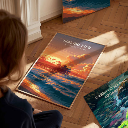 Malibu Pier, California Poster | Golden Coast Sunset Vibes Wall Art — styled in a modern interior