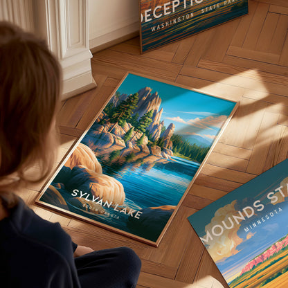 Sylvan Lake, South Dakota Poster | Custer State Park Framed or Unframed Wall Art — styled in a modern interior