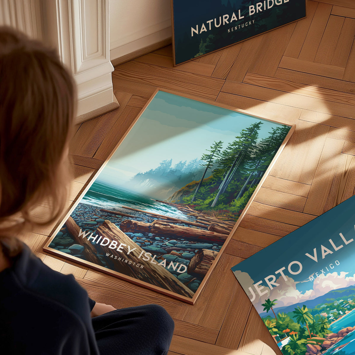Whidbey Island, Washington Poster | Evergreen Shores & Sailboat Wall Art — styled in a modern interior