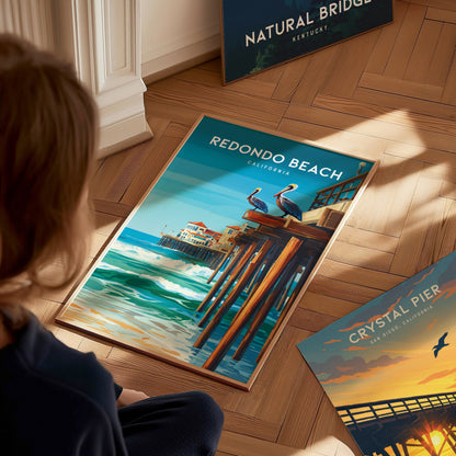 Redondo Beach, California Poster | Sun-Kissed Pier & Sailboat Wall Art — styled in a modern interior