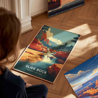 Slide Rock, Sedona, Arizona Poster | Red Rock Swimming Hole Destination Print Wall Art — styled in a modern interior