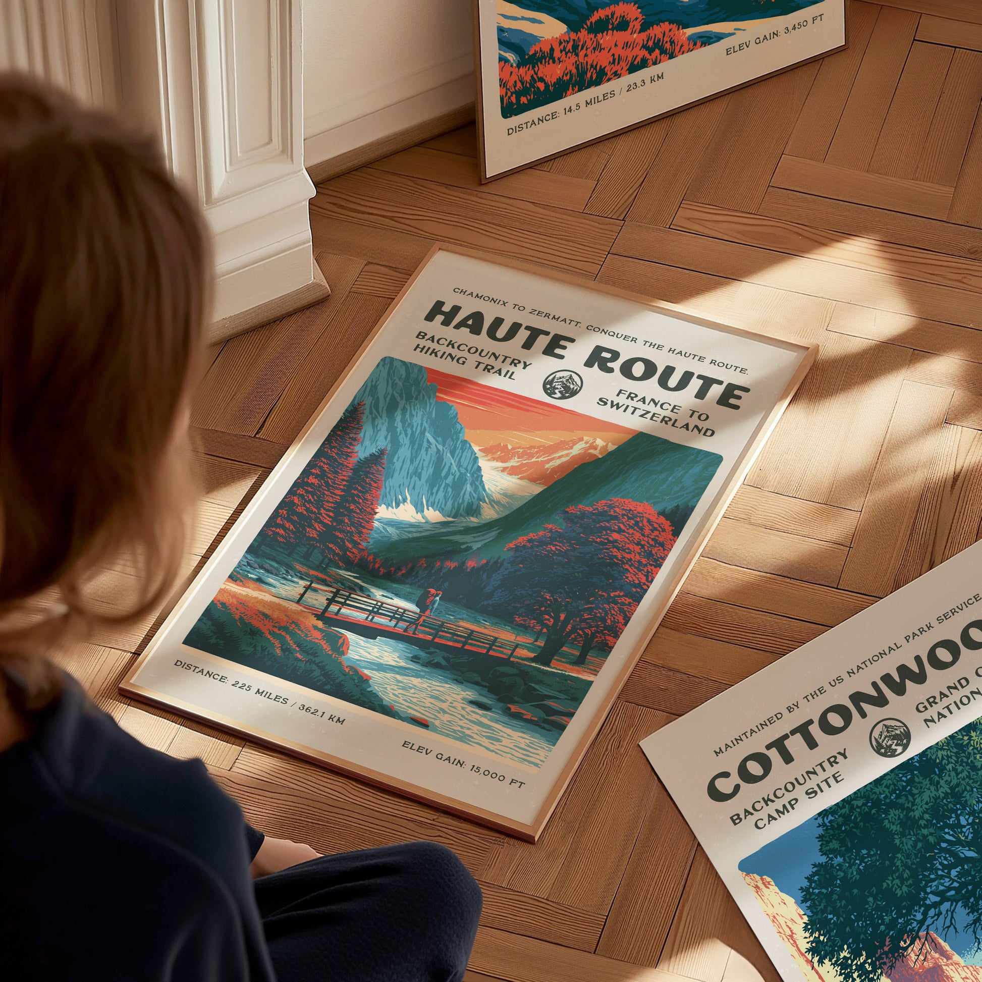 Haute Route, France to Switzerland Poster | Hiker Gift | Alpine Backcountry Trail Wall Art — styled in a modern interior