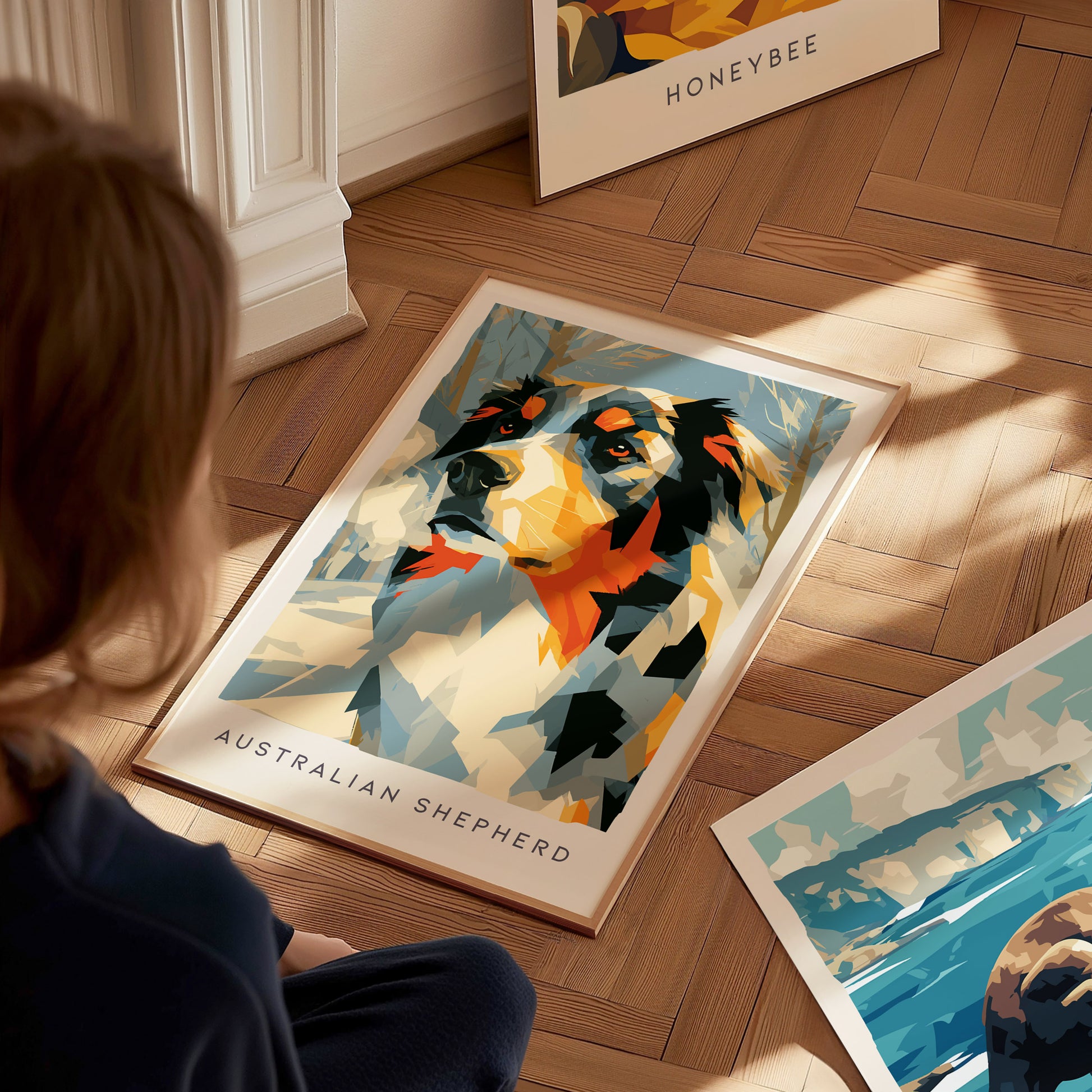 Australian Shepherd Poster | Loyal Companion Bold Portrait Wall Art — styled in a modern interior