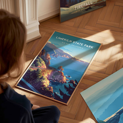 Limekiln State Park, Big Sur, California Poster | Redwoods & Coastal Cliffs Destination Print Wall Art — styled in a modern i