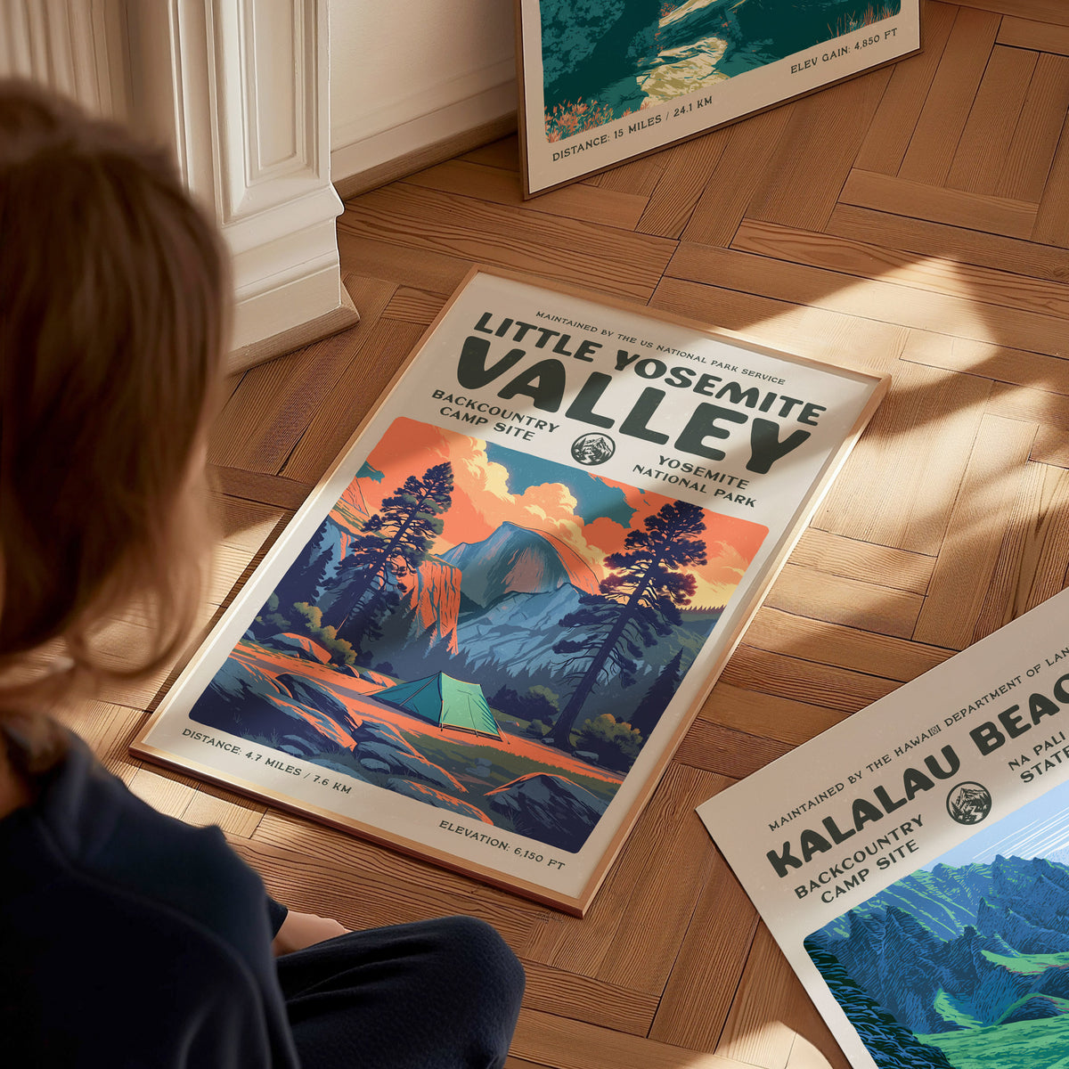 Little Yosemite Valley, Yosemite National Park Poster | Hiker Gift | Backcountry Trail Wall Art — styled in a modern interior