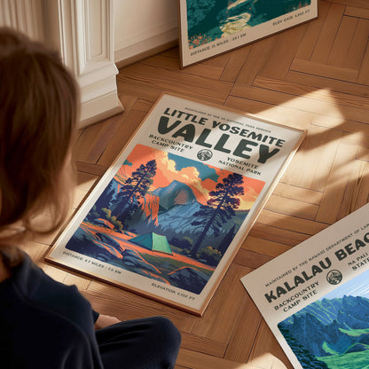 Little Yosemite Valley, Yosemite National Park Poster | Hiker Gift | Backcountry Trail Wall Art — styled in a modern interior
