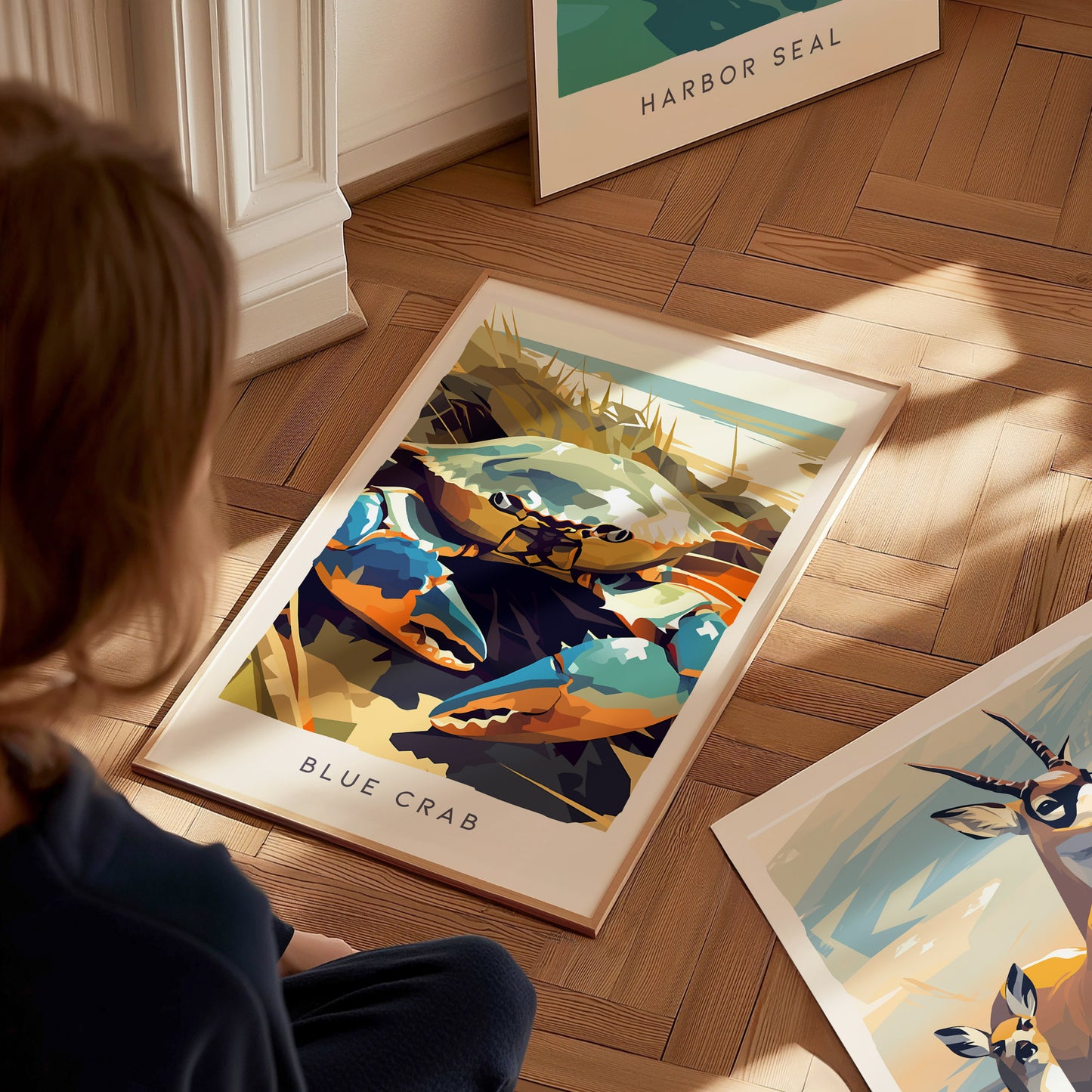 Blue Crab, Callinectes sapidus Poster | Coastal Wildlife Wall Art — styled in a modern interior