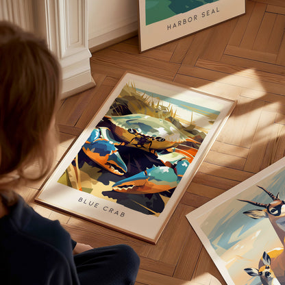 Blue Crab, Callinectes sapidus Poster | Coastal Wildlife Wall Art — styled in a modern interior