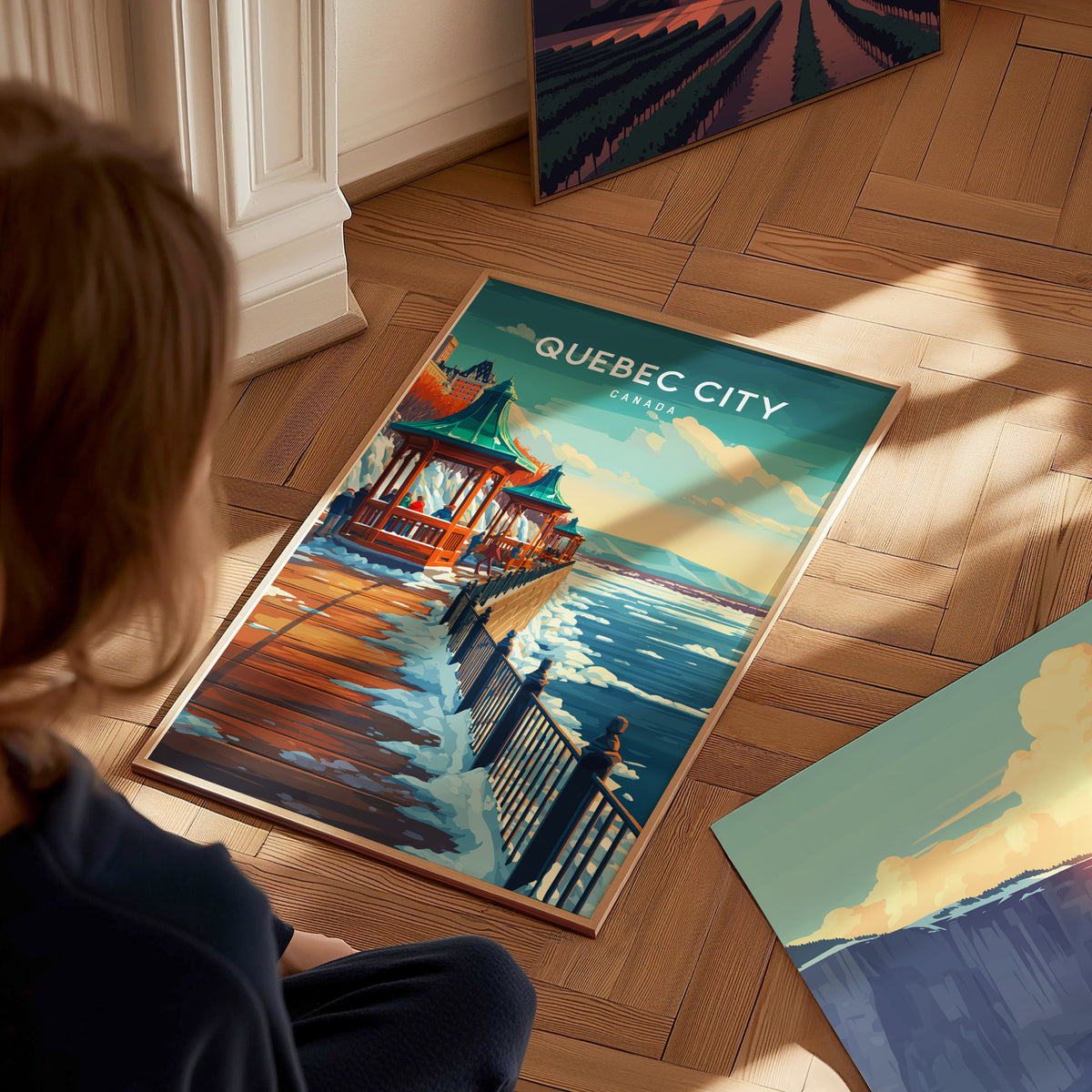 Quebec City, Canada Poster | Old World Charm Cobblestone Streets Wall Art — styled in a modern interior