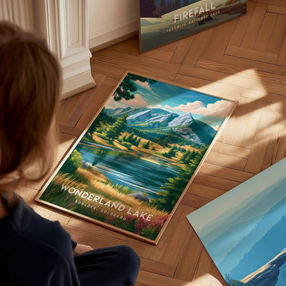Wonderland Lake, Boulder, Colorado Poster | Mountain Lake Serenity Wall Art — styled in a modern interior