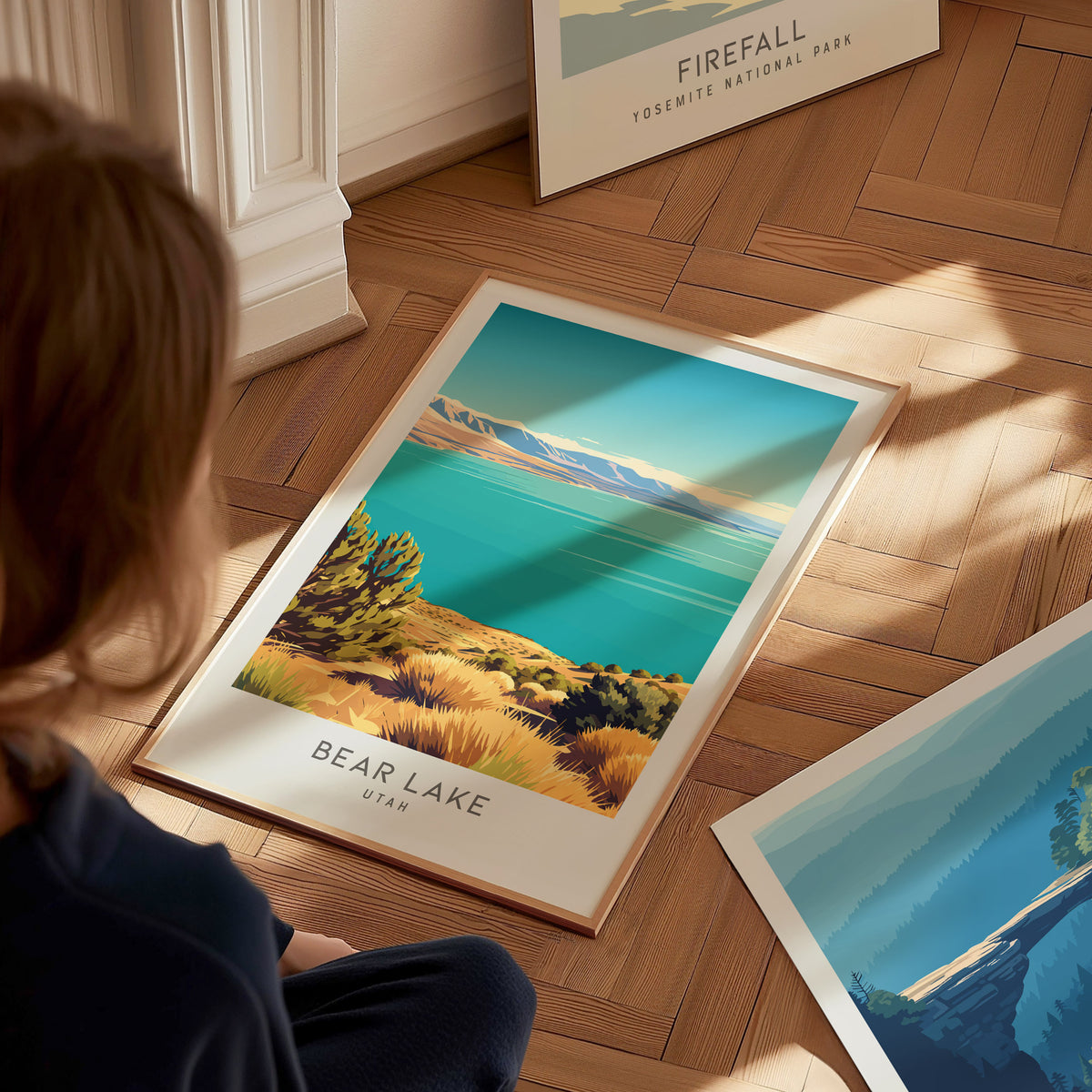 Bear Lake Matte Border Poster | Utah Travel Wall Art Coastal Beach Decor — styled in a modern interior