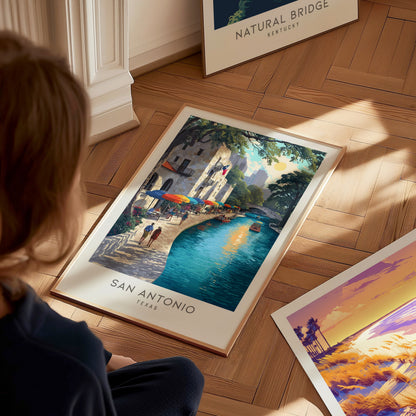 San Antonio River Walk Matte Border Poster | Texas Travel Wall Art — styled in a modern interior