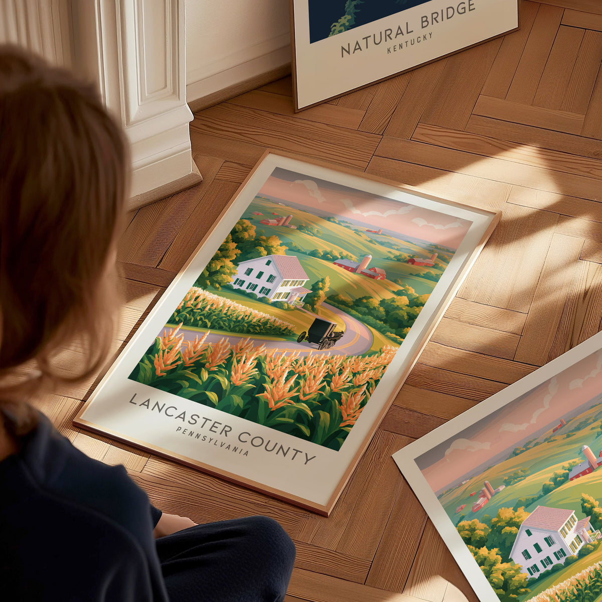 Lancaster County Matte Border Poster | Pennsylvania Destination Print Travel Wall Art — styled in a modern interior