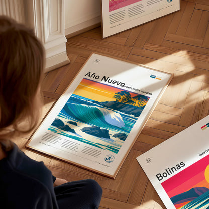 Año Nuevo, San Mateo County, California Poster | Elephant Seals & Rugged Surf Wall Art — styled in a modern interior
