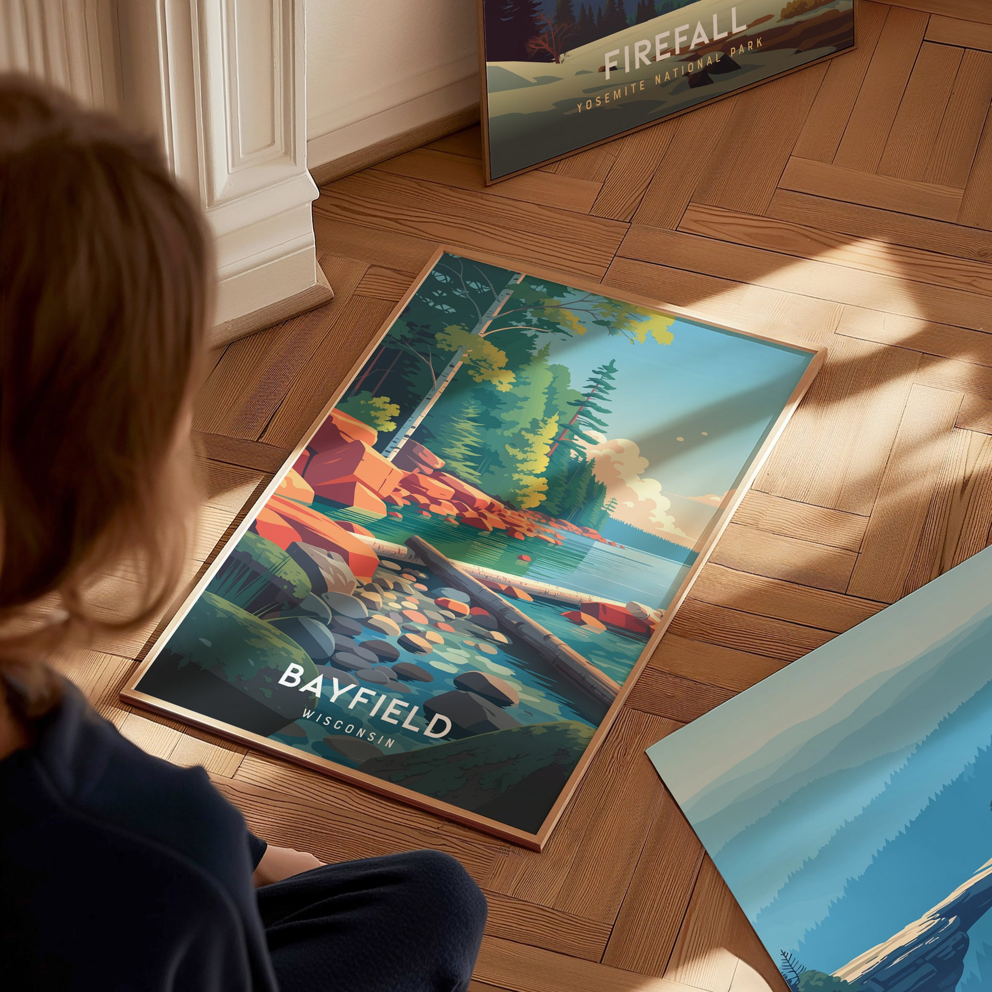 Bayfield, Wisconsin Poster | Lakeside Harbor & Sailboat Travel Wall Art — styled in a modern interior