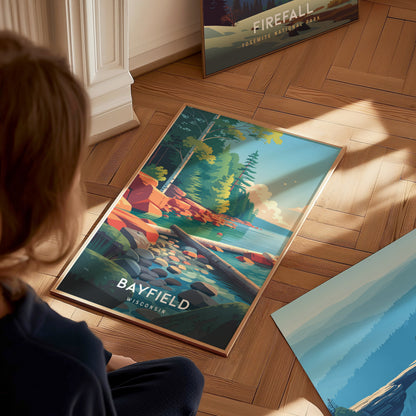 Bayfield, Wisconsin Poster | Lakeside Harbor & Sailboat Travel Wall Art — styled in a modern interior