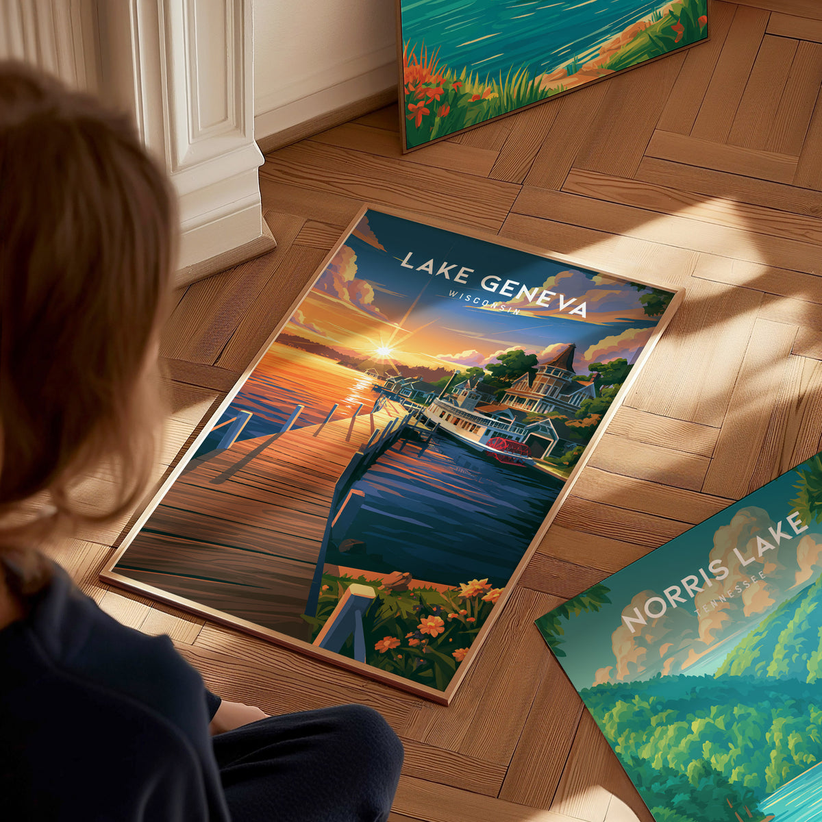 Lake Geneva, Wisconsin Poster | Lakeside Charm Destination Print Wall Art — styled in a modern interior