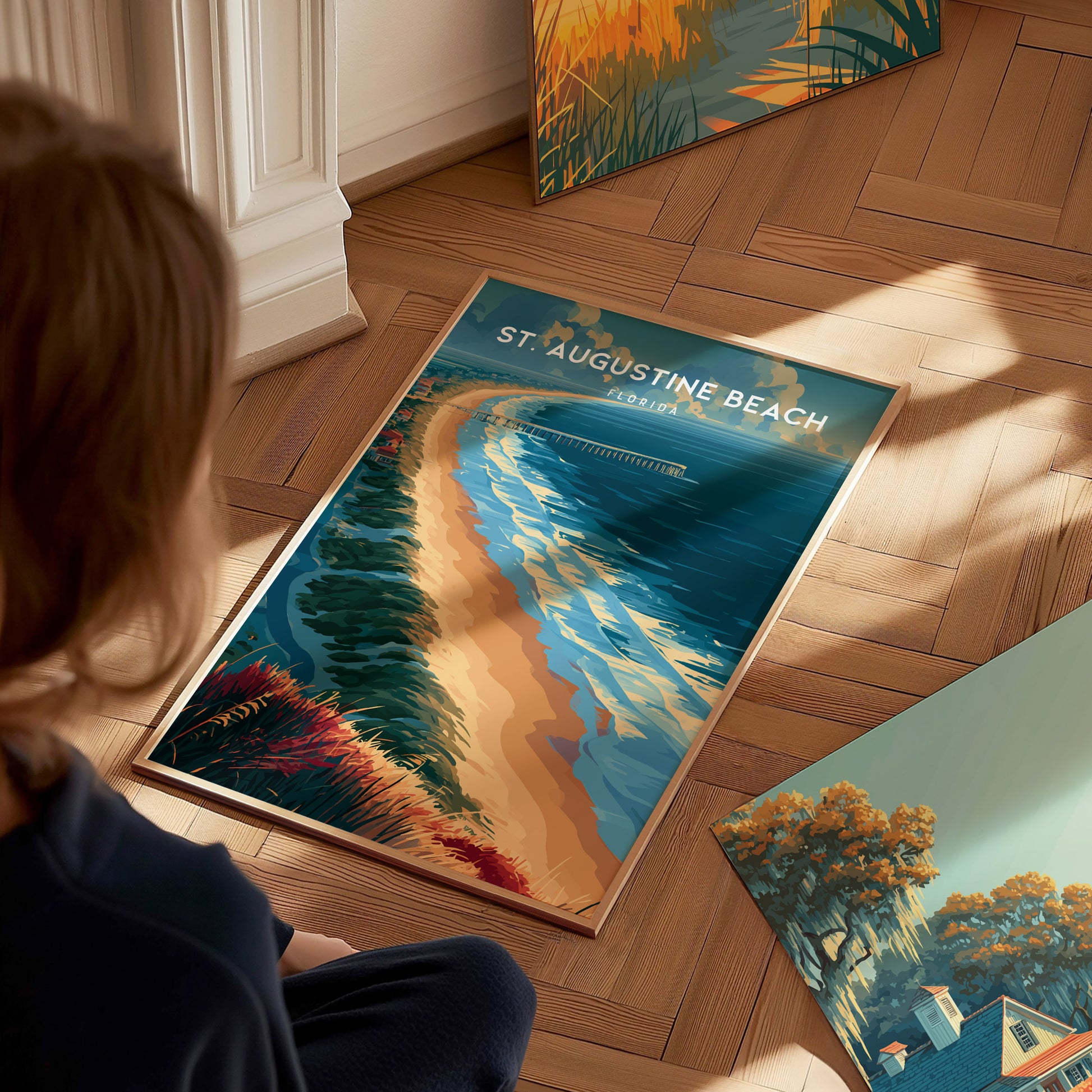 St. Augustine Beach, Florida Poster | Sun-Kissed Shores & Pier Wall Art — styled in a modern interior