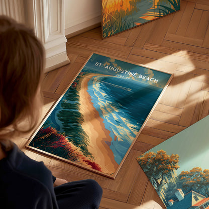 St. Augustine Beach, Florida Poster | Sun-Kissed Shores & Pier Wall Art — styled in a modern interior
