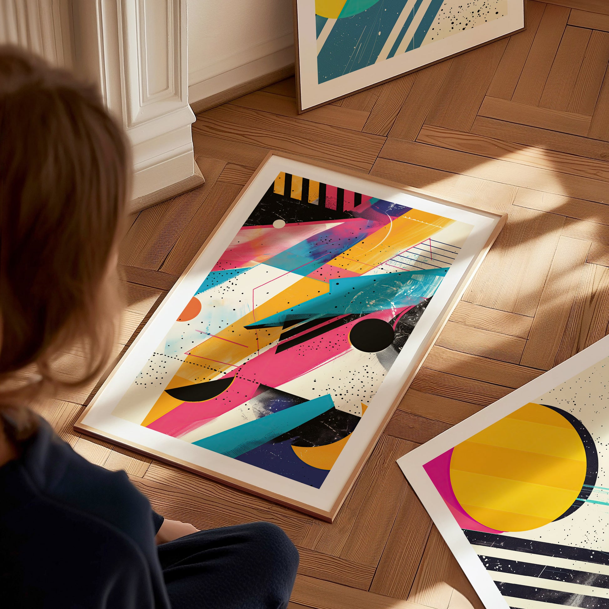 A person sits on a wooden floor admiring a vibrant poster featuring bold, colorful geometric shapes and patterns, with two similar framed artworks nearby.