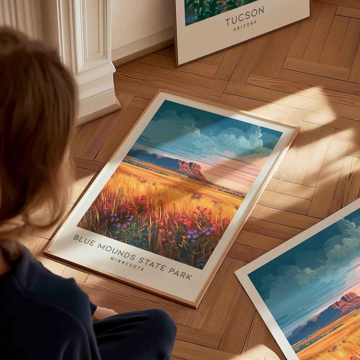 Blue Mounds State Park Matte Border Poster | Minnesota Destination Print & Vacation Wall Art — styled in a modern interior