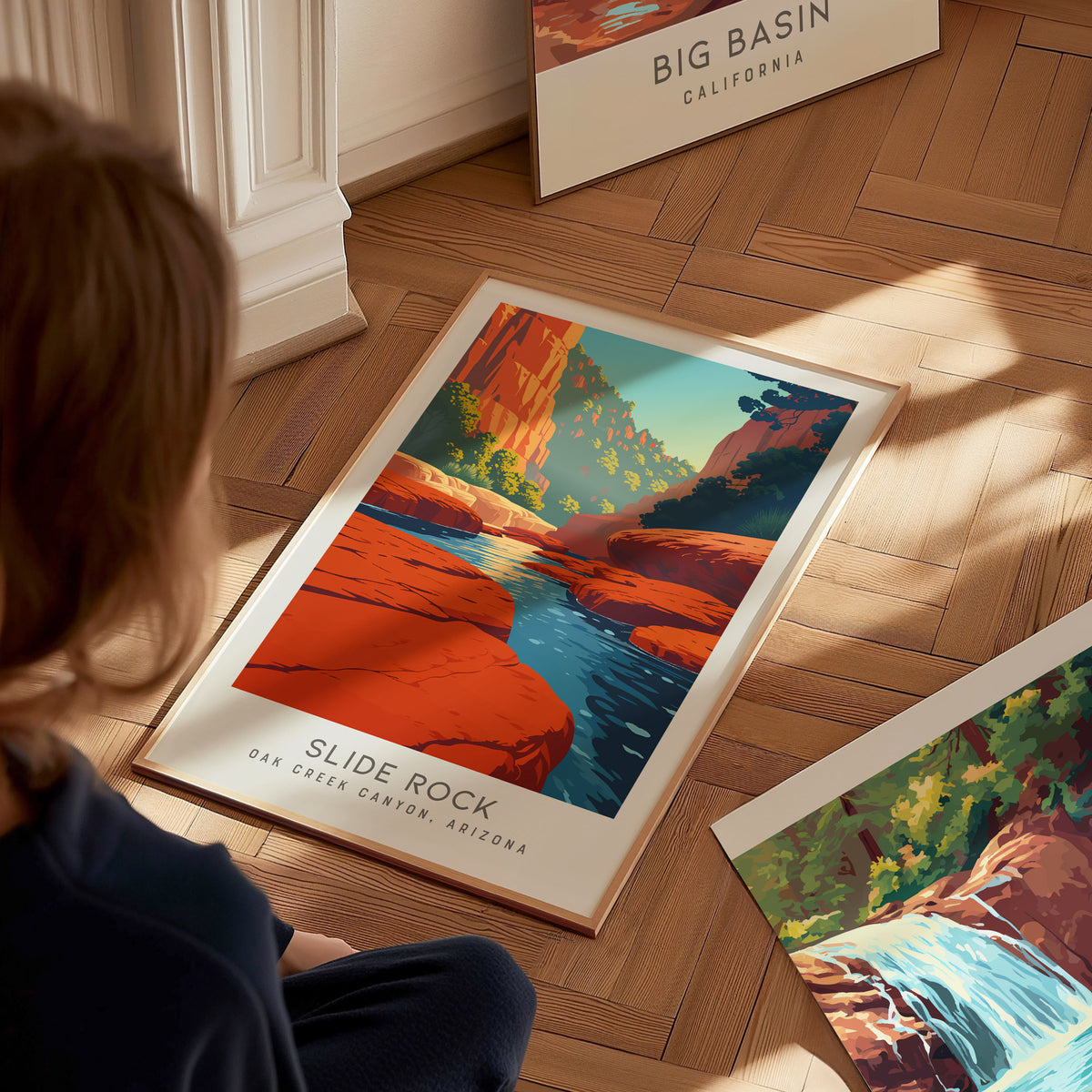 Slide Rock Matte Border Poster | Oak Creek Canyon, Arizona Travel Wall Art — styled in a modern interior