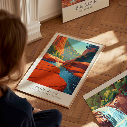 Slide Rock Matte Border Poster | Oak Creek Canyon, Arizona Travel Wall Art — styled in a modern interior