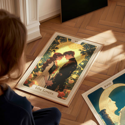 A child sits on a wooden floor, gazing at a vibrant tarot card poster titled The Lovers, featuring two figures embracing amidst a backdrop of flowers and a glowing angel. Another tarot card, labeled XVIII, lies nearby, partially visible.