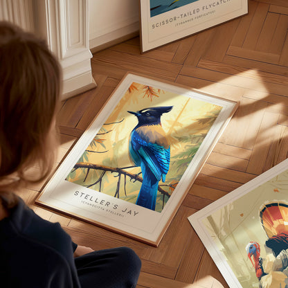 Steller's Jay, Cyanocitta stelleri Poster | Bold Mountain Bird Wall Art — styled in a modern interior