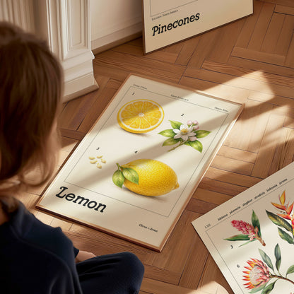 A child sits on a wooden floor, looking at a vintage-style botanical print featuring a lemon and lemon blossom, with accompanying text labeled Lemon. Nearby, additional botanical prints, including one labeled Pinecones, are visible.
