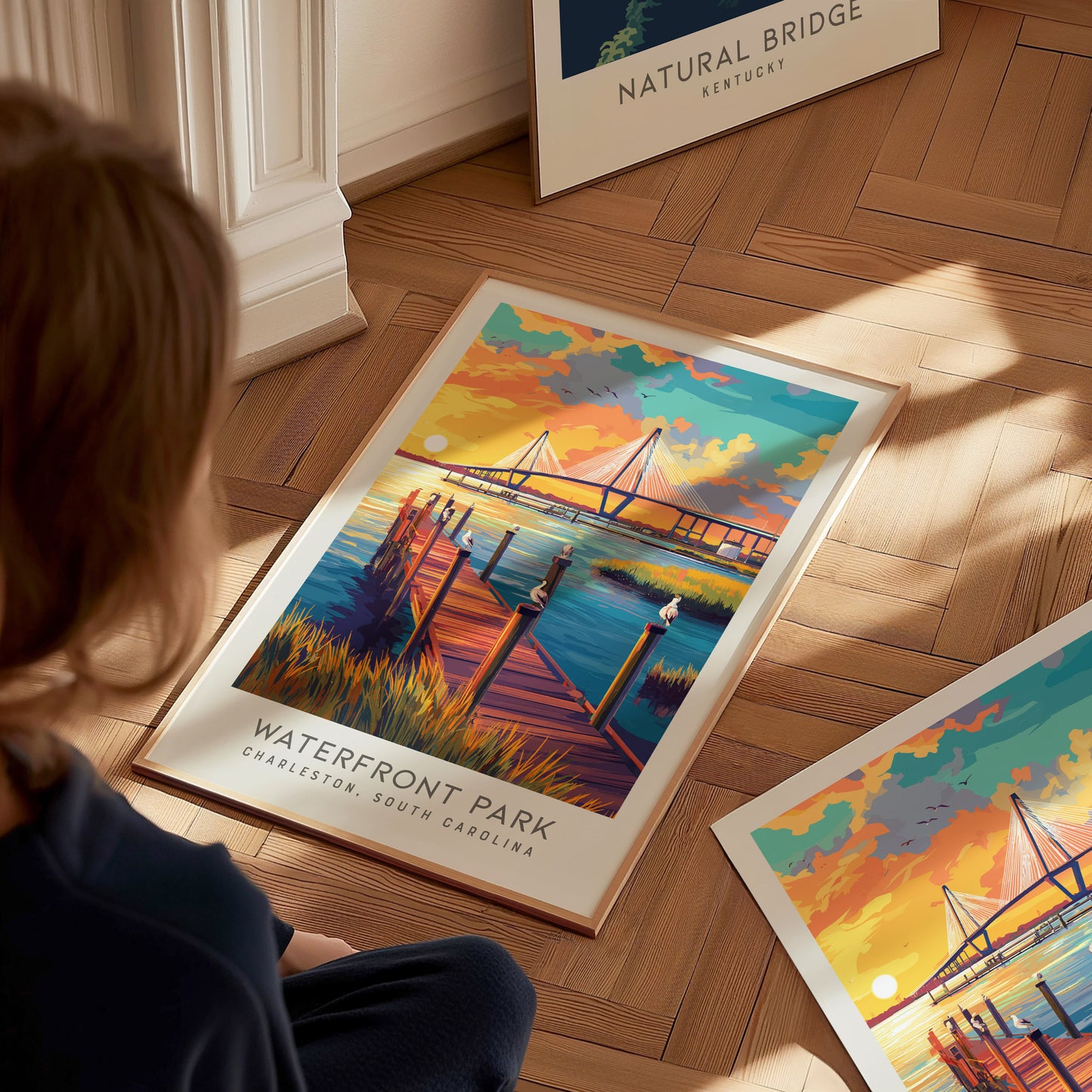 Waterfront Park Matte Border Poster | Charleston South Carolina Travel Wall Art — styled in a modern interior