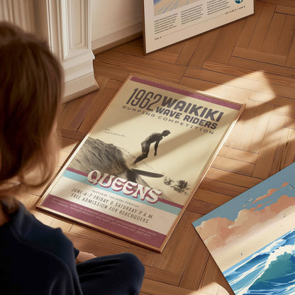 A person looks at a vintage 1962 Waikiki Wave Riders surf competition poster, featuring a surfer and retro typography, resting on a wooden floor. Sunlight casts shadows across the scene.