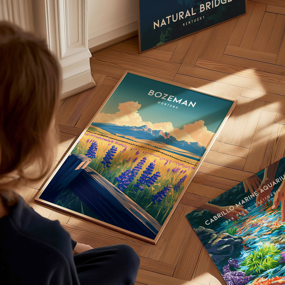 Bozeman, Montana Poster | Mountain Valley Adventure Wall Art — styled in a modern interior