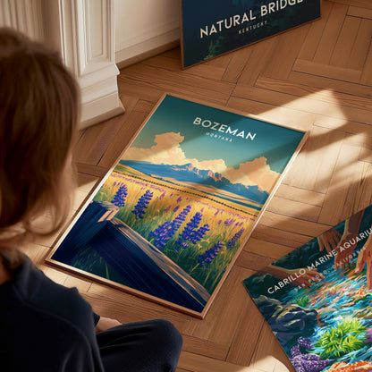 Bozeman, Montana Poster | Mountain Valley Adventure Wall Art — styled in a modern interior