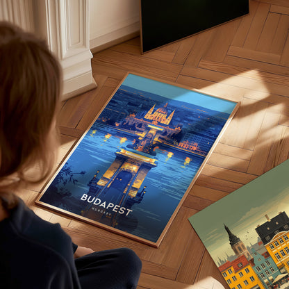 Budapest Chain Bridge Poster | Hungary Travel Print Wall Art | Framed or Unframed