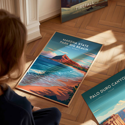 Makena State Park Big Beach, Maui, Hawaii Poster | Tropical Beach Print Wall Art — styled in a modern interior