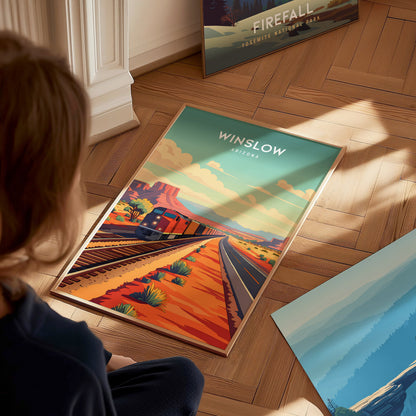 Winslow, Arizona Poster | Route 66 Desert Destination Print Wall Art — styled in a modern interior