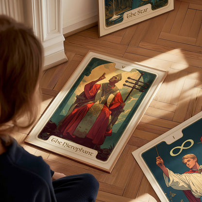 A person sits on the floor looking at a Hierophant tarot card poster, depicting a figure in red robes with a staff, surrounded by other tarot cards.