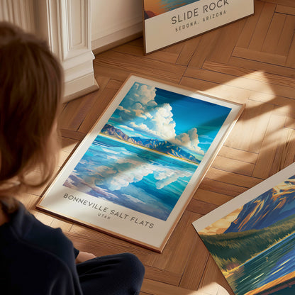 Bonneville Salt Flats Matte Border Poster | Utah Destination Print Travel Wall Art — styled in a modern interior