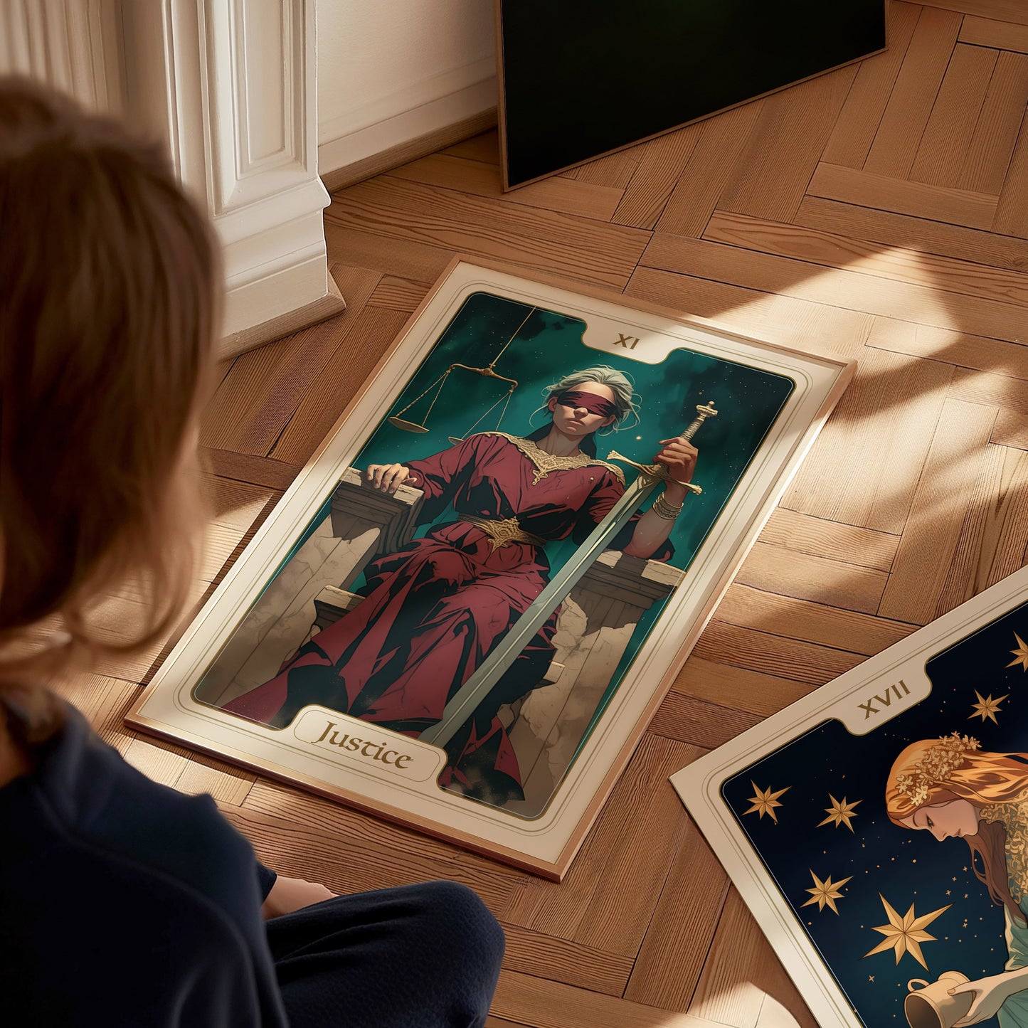 A child sits on a wooden floor, gazing at a large Justice Tarot card poster featuring a seated figure in a red robe holding a double-edged sword and scales, surrounded by ornate temple pillars.