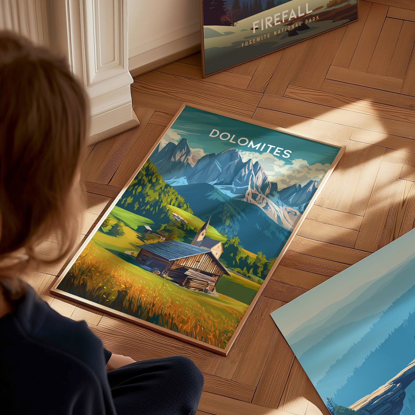 Dolomites, Italy Poster | Alpine Peaks & Meadow Travel Wall Art — styled in a modern interior