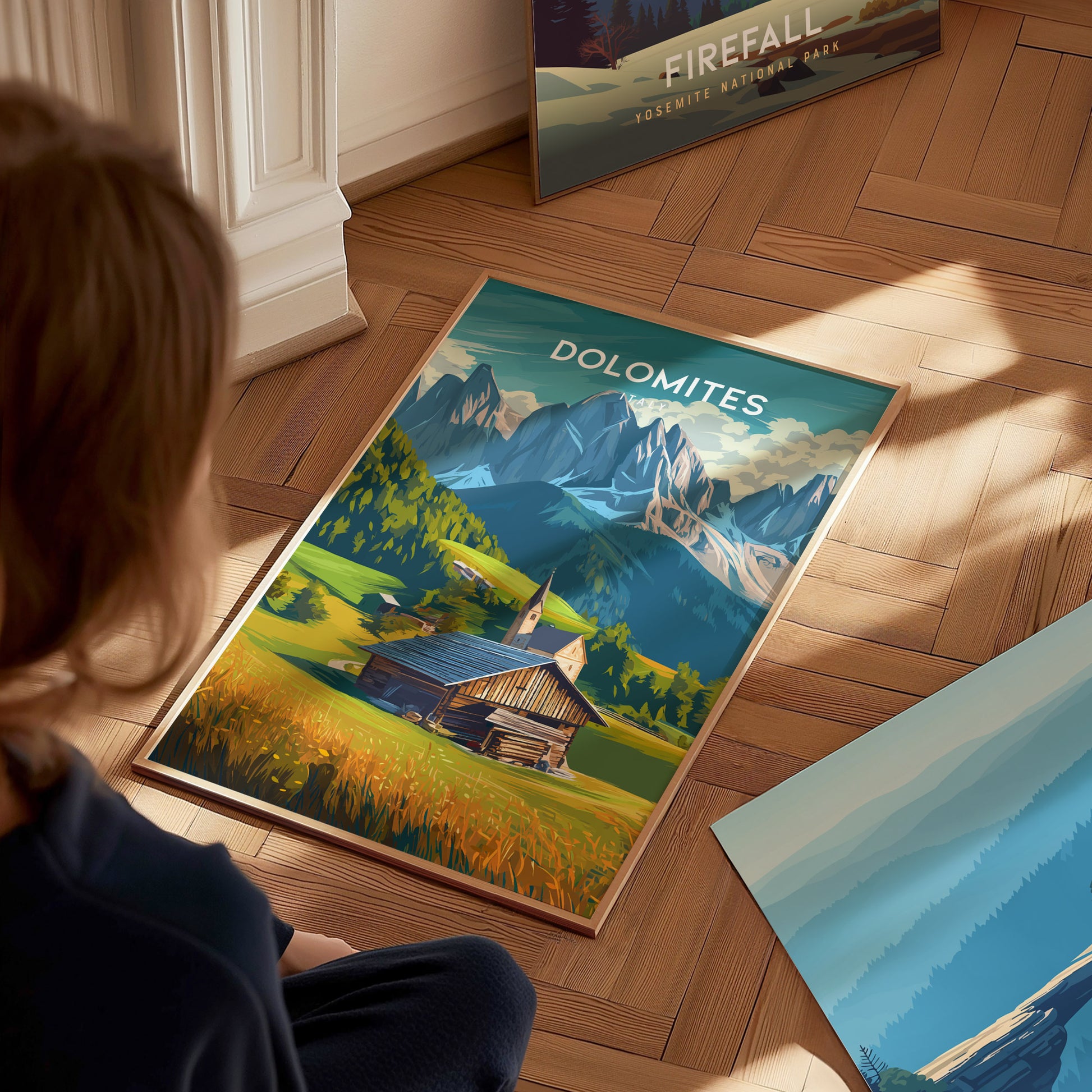 Dolomites, Italy Poster | Alpine Peaks & Meadow Travel Wall Art — styled in a modern interior
