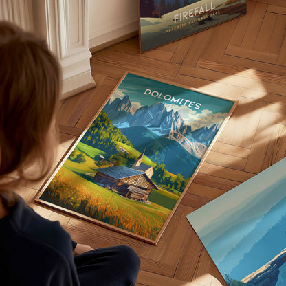 Dolomites, Italy Poster | Alpine Peaks & Meadow Travel Wall Art — styled in a modern interior