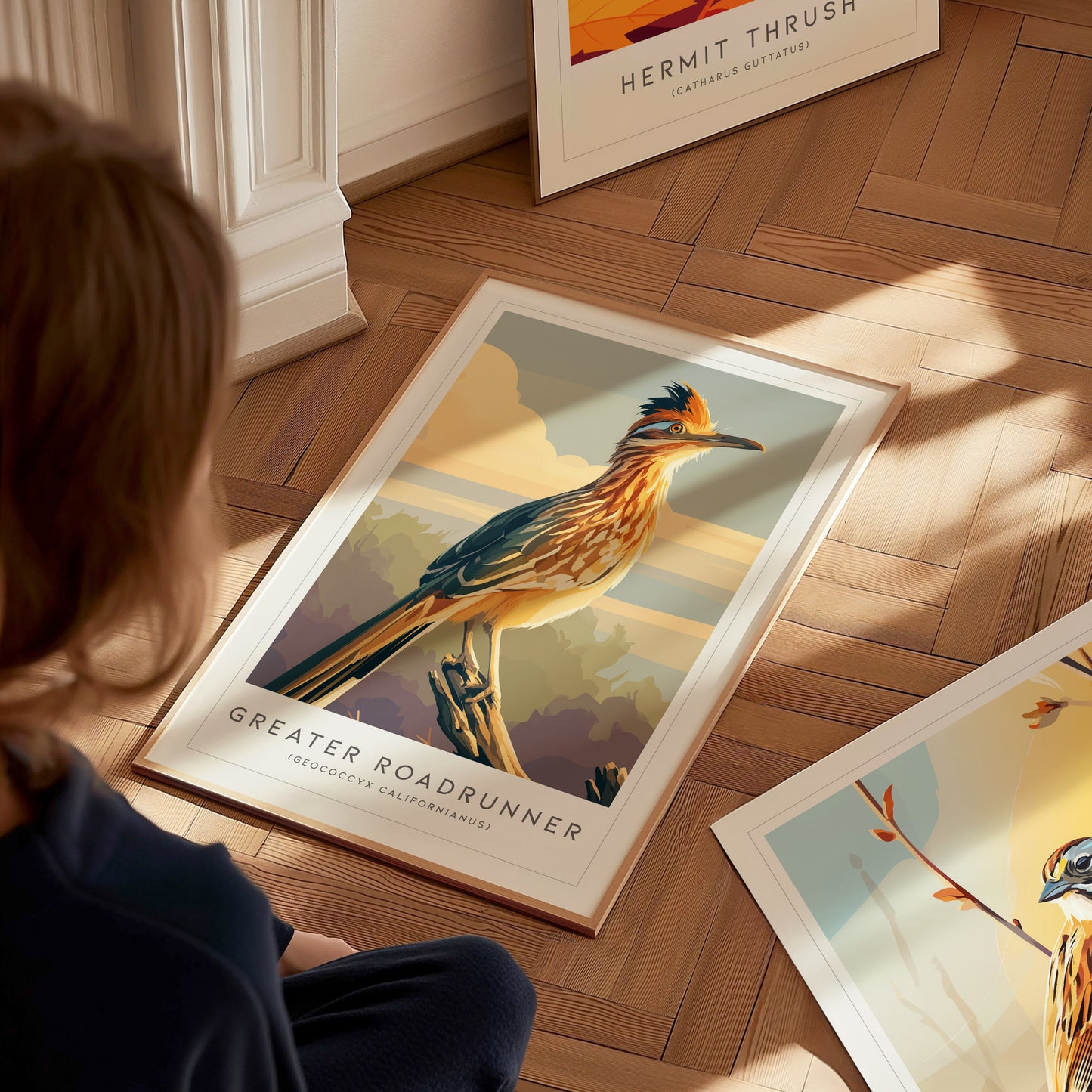 Greater Roadrunner Poster | Desert Bird & Cactus Southwest Wall Art — styled in a modern interior